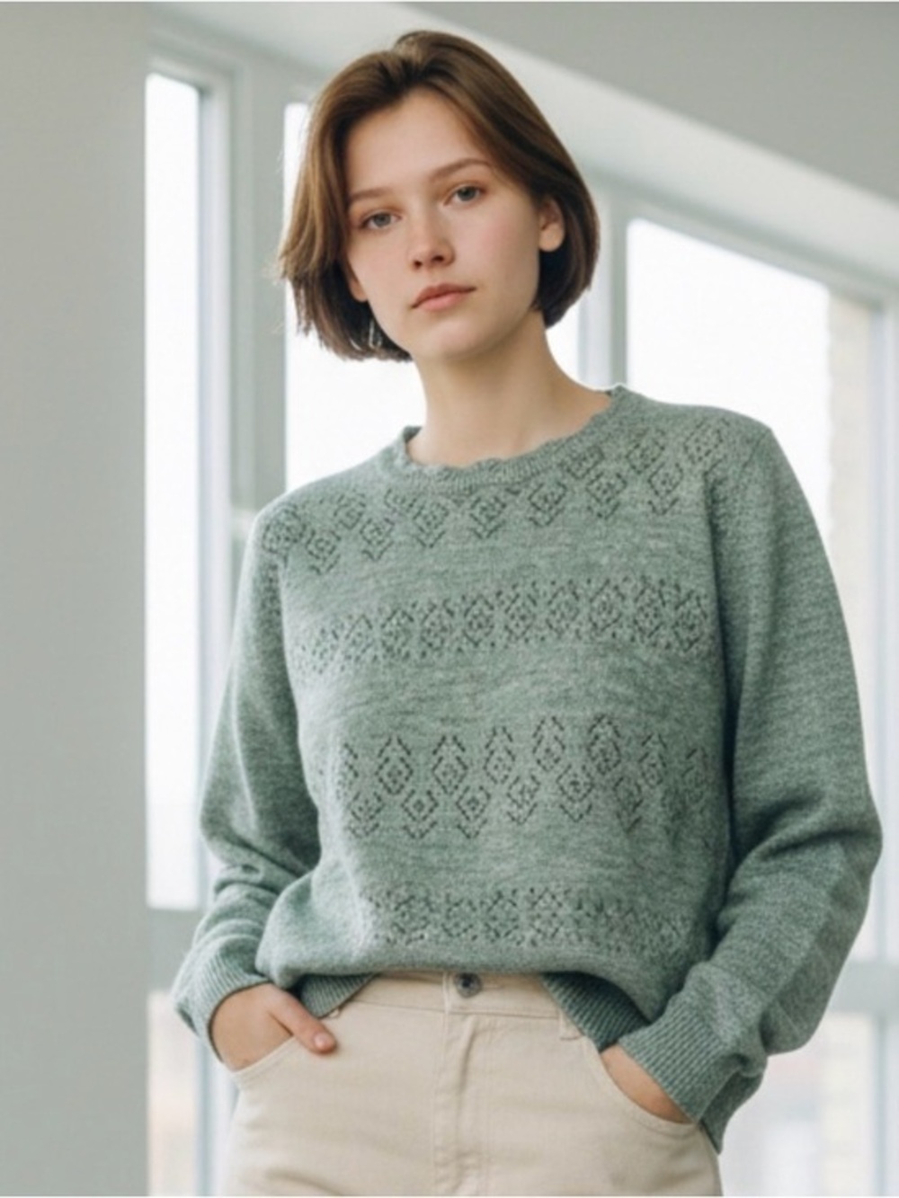 🫶🏻 Alfred Dunner Knit Green Patterned Crewneck Sweater